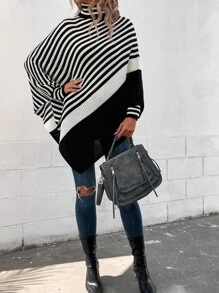 SHEIN LUNE Jersey con patrón de rayas cuello alto de manga murciélago - Blanco y Negro - Ver 1