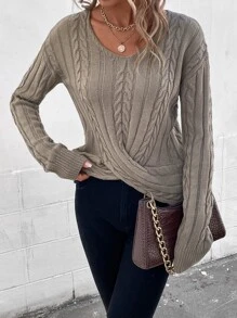 SHEIN Privé 麻花編織落肩袖扭結下擺套頭毛衣 - 摩卡棕 - 查看 3