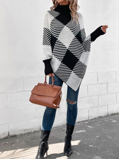 Buffalo Plaid Turtle Neck Poncho Sweater