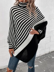 SHEIN LUNE Jersey con patrón de rayas cuello alto de manga murciélago - Blanco y Negro - Ver 3