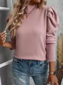 SHEIN LUNE Mock Neck Gigot Sleeve Jumper - Dusty Pink - View 1
