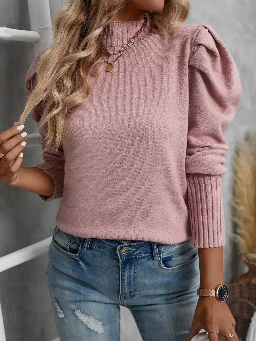 SHEIN LUNE Mock Neck Gigot Sleeve Jumper - Dusty Pink - View 1