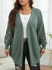 SHEIN LUNE Plus Size Women Casual Elegant Loose Mid-Length Sweater, Lantern Sleeve, Floral Embroidery Premium Design, Plain Cardigan, For Winter Fall Cloth For Women - Teal Blue - View 1