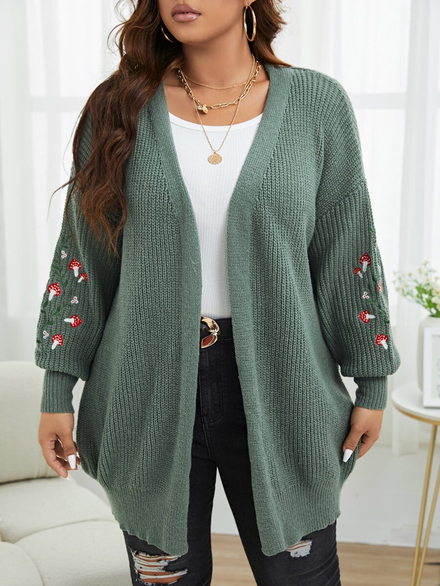 SHEIN LUNE Plus Size Women Casual Elegant Loose Mid-Length Sweater, Lantern Sleeve, Floral Embroidery Premium Design, Plain Cardigan, For Winter Fall Cloth For Women - Teal Blue - View 1