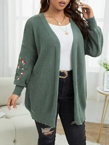 SHEIN LUNE Plus Size Women Casual Elegant Loose Mid-Length Sweater, Lantern Sleeve, Floral Embroidery Premium Design, Plain Cardigan, For Winter Fall Cloth For Women - Teal Blue - View 5