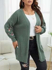 SHEIN LUNE Plus Size Women Casual Elegant Loose Mid-Length Sweater, Lantern Sleeve, Floral Embroidery Premium Design, Plain Cardigan, For Winter Fall Cloth For Women - Teal Blue - View 7
