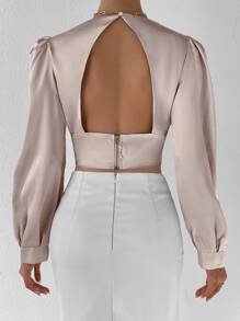 SHEIN Allurite Plunge Neck Puff Sleeve Crop Satin Blouse - Baby Pink - View 2