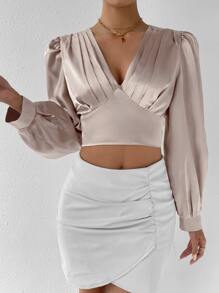 SHEIN Allurite Plunge Neck Puff Sleeve Crop Satin Blouse - Baby Pink - View 3