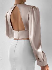 SHEIN Allurite Plunge Neck Puff Sleeve Crop Satin Blouse - Baby Pink - View 6