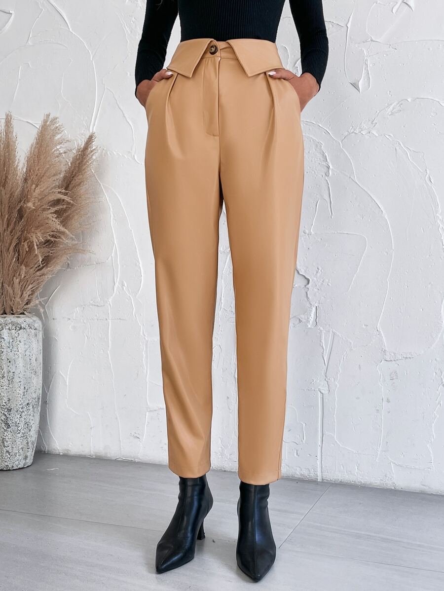 SHEIN Unity Fold Pleated Slant Pocket Pants - Khaki - View 1