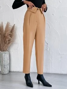 SHEIN Unity Fold Pleated Slant Pocket Pants - Khaki - View 3