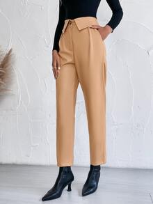 SHEIN Unity Fold Pleated Slant Pocket Pants - Khaki - View 4