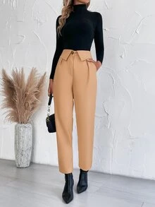 SHEIN Unity Fold Pleated Slant Pocket Pants - Khaki - View 5