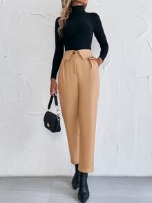 SHEIN Unity Fold Pleated Slant Pocket Pants - Khaki - View 6