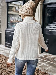EMERY ROSE 麻花編織高領落肩袖套頭毛衣 - 米色 - 查看 2