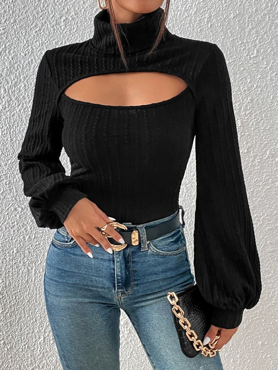 SHEIN BAE Cut Out High Neck Bishop Sleeve Tee - Black - View 1