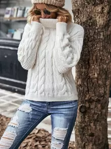 EMERY ROSE 麻花編織高領落肩袖套頭毛衣 - 米色 - 查看 6