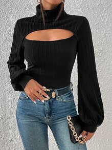 SHEIN BAE Cut Out High Neck Bishop Sleeve Tee - Black - View 6