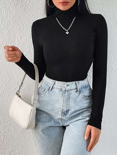 Solid High Neck Ribbed Knit Tee