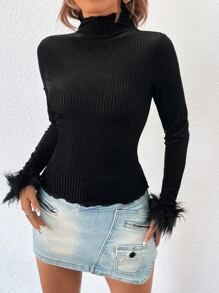 SHEIN Privé Fuzzy Cuff High Neck Flannel Tee - Black - View 4