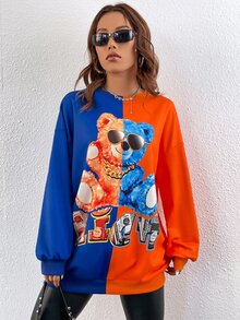 SHEIN Coolane 小熊印花撞色落肩袖運動衫 - 彩色 - 查看 5