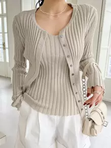 DAZY 纯色纽扣前开衫搭配针织上衣，秋季女装 - 米色 - 查看 1