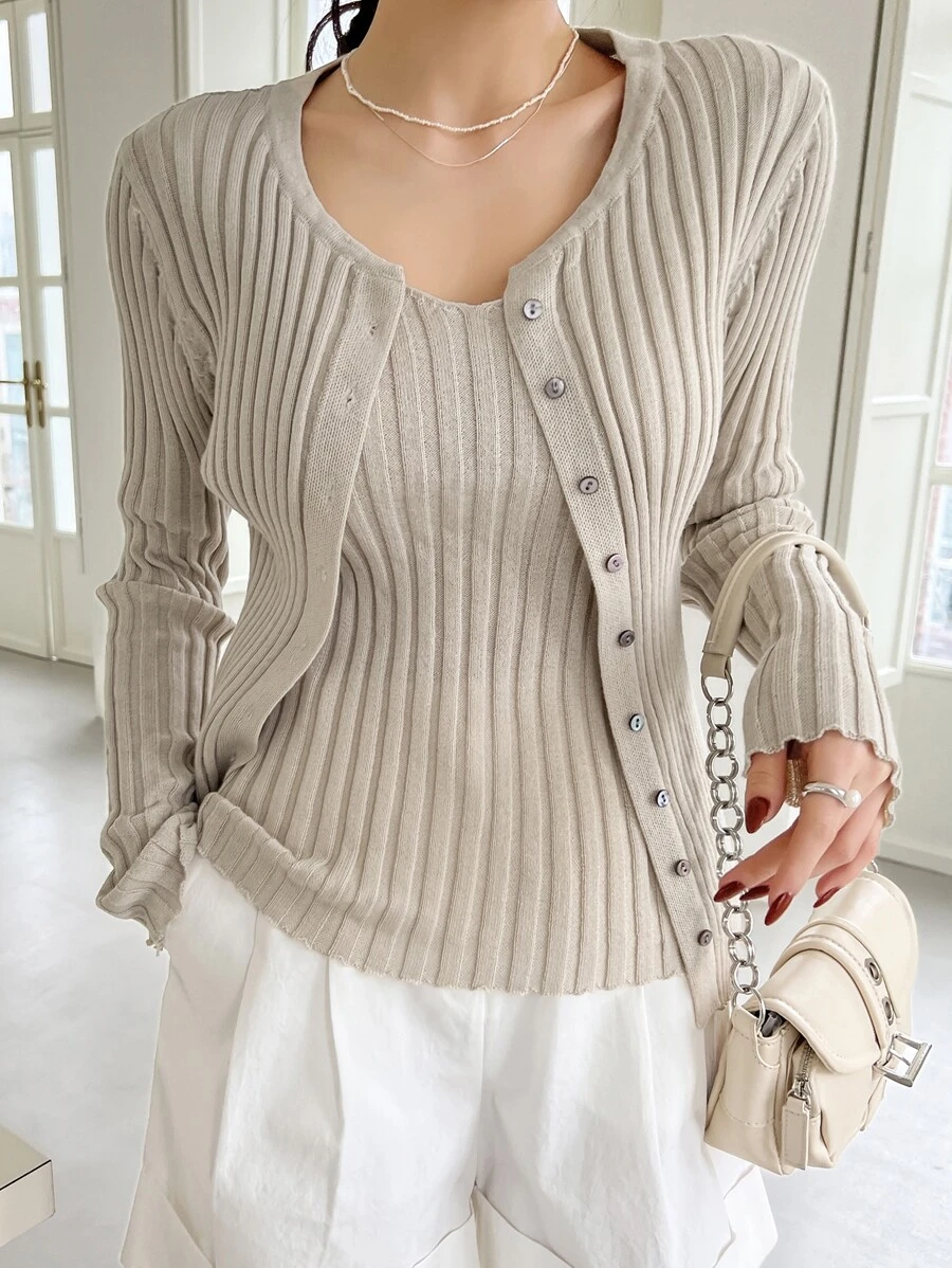 DAZY 纯色纽扣前开衫搭配针织上衣，秋季女装 - 米色 - 查看 1