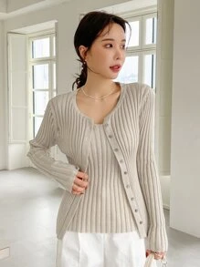 DAZY 纯色纽扣前开衫搭配针织上衣，秋季女装 - 米色 - 查看 4