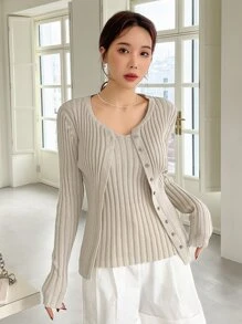 DAZY 纯色纽扣前开衫搭配针织上衣，秋季女装 - 米色 - 查看 5