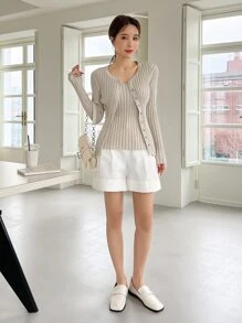 DAZY 纯色纽扣前开衫搭配针织上衣，秋季女装 - 米色 - 查看 7