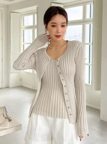 DAZY 纯色纽扣前开衫搭配针织上衣，秋季女装 - 米色 - 查看 8