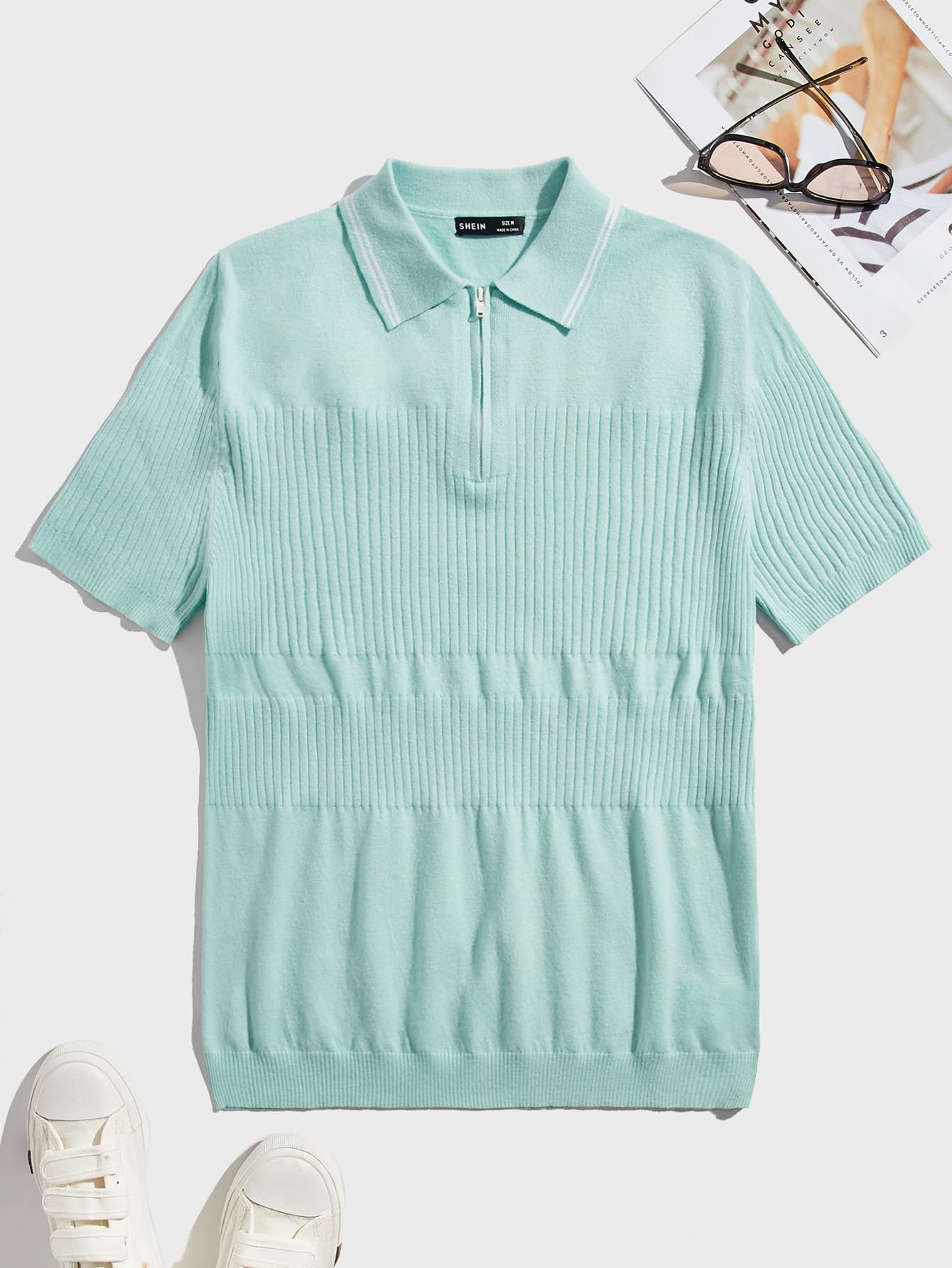 Manfinity Hombres Top con cremallera cuarta tejido de canalé - Azul menta - Ver 1