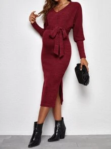 SHEIN 孕婦高衩繫腰帶連衣裙 - 酒紅色 - 查看 1