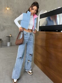 SHEIN x Carly Lawrence Muchica 拉鏈開襟抽繩兩面可戴羽絨背心大衣 - 藍色 - 查看 5