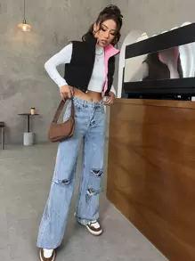 SHEIN EZwear Áo khoác Barn mùa đông có khóa kéo màu mơ dành cho nữ - màu đen - Xem 5