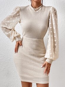 SHEIN Privé 圓點燈籠袖小高領緊身洋裝 - 米色 - 查看 4