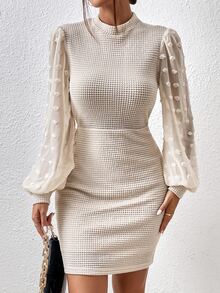 SHEIN Privé 圓點燈籠袖小高領緊身洋裝 - 米色 - 查看 6