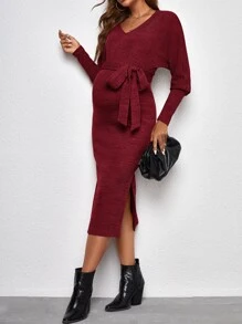 SHEIN 孕婦高衩繫腰帶連衣裙 - 酒紅色 - 查看 4