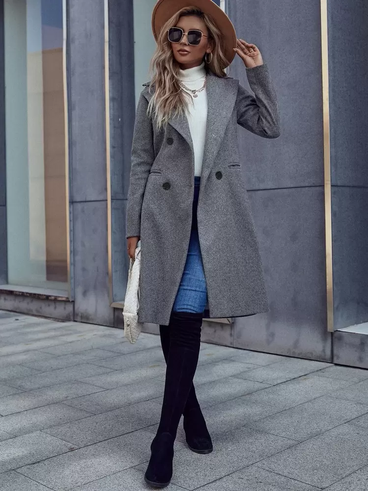 Abrigos largos de mujer de doble botonadura para uso casual al aire libre, para otoño/invierno - Gris Claro - Añade 3