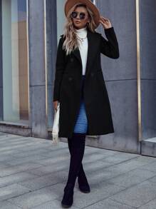 Chiquease Lapel Neck Double Breasted Overcoat Fall Winter Cloth For Women - Black - View 6