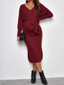 SHEIN 孕婦高衩繫腰帶連衣裙 - 酒紅色 - 查看 5