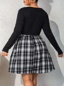 SHEIN Unity Plus Plaid Square Neck Dress - Black and White - View 2