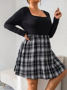 SHEIN Unity Plus Plaid Square Neck Dress - Black and White - View 3