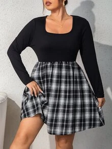 SHEIN Unity Plus Plaid Square Neck Dress - Black and White - View 6