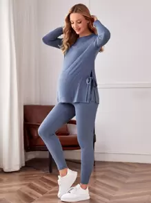 SHEIN Maternidad Leggings con camiseta unicolor con abertura con nudo lateral - Neblina azul - Ver 6