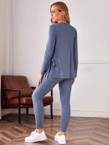 SHEIN Maternidad Leggings con camiseta unicolor con abertura con nudo lateral - Neblina azul - Ver 7