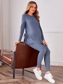 SHEIN Maternidad Leggings con camiseta unicolor con abertura con nudo lateral - Neblina azul - Ver 4