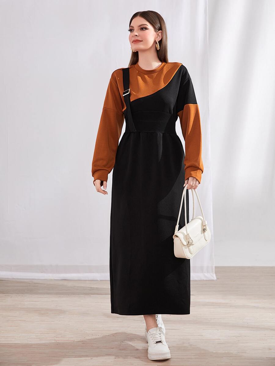Mulvari Colourblock Drop Shoulder Buckle Strap Decor Split Hem Sweatshirt Dress - Black - View 1