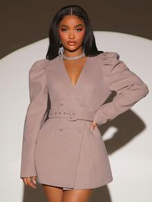 SHEIN SXY 羊腿袖雙排釦腰帶外套