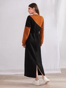 Mulvari Colourblock Drop Shoulder Buckle Strap Decor Split Hem Sweatshirt Dress - Black - View 2